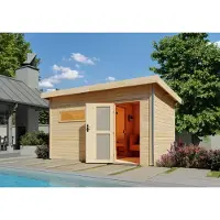 Karibu Saunahaus Außensauna Gartensauna Skrollan 3 unbehandelt Ofen 9 kW externe Strg easy 38mm Massivholz 396x231x227 cm mit Milchglas Tür