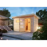 Karibu Saunahaus Außensauna Gartensauna Skrollan 3 unbehandelt Ofen 9 KW externe Strg easy 38mm Massivholz 396x231x227 cm mit Moderne Tür