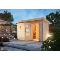 Karibu Saunahaus Außensauna Gartensauna Skrollan 3 unbehandelt ohne Zubehör 38mm Massivholz 396x231x227 cm mit Moderne Tür