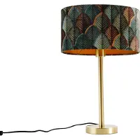 QAZQA Tischleuchte Messing mit ovalem Samtschirm Blattdesign 35cm - Simplo