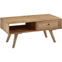 Wohnling Couchtisch 90x40x45 cm Mango Massivholz / Rattan Wohnzimmertisch Rechteckig Holztisch mit Stauraum Sofatisch mit Schublade Tisch Wohnzimmer