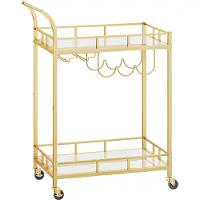 Vasagle Servierwagen, Rollwagen, Gläserhalter, 2 verspiegelte Glasablagen, Barwagen, Weinwagen, für Küche, Esszimmer, Bar, goldfarben LRC092A62