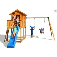 Fungoo Spielturm "My House Move+" teak mit Rutsche, Doppelschaukel, Haus mit Holzdach, Leiter, Griffe