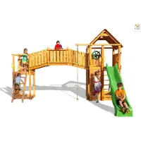 Fungoo Spielturm "Fortress TipTop Rainbow" teak mit 2x Turm, Rutsche, Kletterwand, Griffe, Leiter, Holzdach