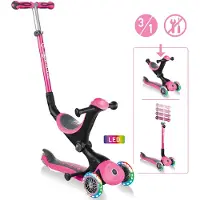 Globber GO-UP DELUXE LIGHTS – 3 in 1 Dreirad, 120/80 mm, ABEC 5, 3-rädrig, höhenverstellbar, LED-Leuchtrollen, pink