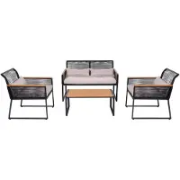 Mendler Garten-Garnitur HWC-K42, Gartenlounge Lounge-Set Sitzgruppe Sofa, Seilgeflecht Rope Holzoptik Stahl, Polster hellgrau