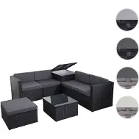 Mendler Poly-Rattan-Garnitur HWC-D21, Balkon-/Garten-/Lounge-Set Sofa Sitzgruppe, Box Staufach anthrazit, Kissen dunkelgrau