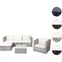 Mendler Poly-Rattan-Garnitur Brescia, Gartengarnitur Sitzgruppe Sofa Lounge-Set grau, Kissen creme