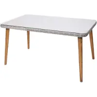 Mendler Poly-Rattan Esstisch HWC-H65, Garten-/Lounge-Tisch, Stahl + Akazie halbrundes Poly-Rattan MVG 150x90cm grau