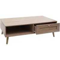 Mendler Couchtisch HWC-M39, Wohnzimmertisch Beistelltisch Sofatisch, Schublade Kubu Rattan Holz Melamin, 37x110x59cm Eiche-Optik