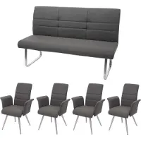Mendler Set 4x Esszimmerstuhl+Sitzbank HWC-G55, Bank Küchenstuhl Stuhl+Armlehne, Stoff/Textil Edelstahl grau-braun Bank 160cm