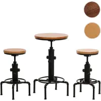 Mendler Set Bartisch + 2x Barhocker HWC-N23, Barstuhl Stehtisch höhenverstellbar drehbar Fußablage Industrial Eisen Holz natur
