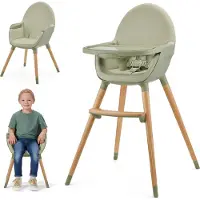 Kinderkraft FINI 2 Hochstuhl 2in1 - Verstellbares Tablett - Sitz - Buchenholzbeine - 5-Punkt-Gurte - Rutschfeste Füße - Grün