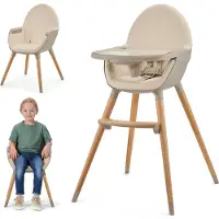 Kinderkraft FINI 2 Hochstuhl 2in1 - Verstellbares Tablett - Sitz - Buchenholzbeine - 5-Punkt-Gurte - Rutschfeste Füße - Beige
