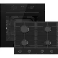 Böhme Einbaubackofen HB60F78PPB mit versenkbare Knebel, Schwarz Glas + Gasline Gaskochfeld GAG60GLG 60cm Schwarz Glaskeramik mit 4 Brennern