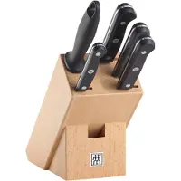 Zwilling Gourmet 6-teiliges Messerset, Buchenholzblock, schwarze Griffe, Kochmesser + Brotmesser + Tranchiermesser + Spickmesser + Schärfstahl, spülmaschinenfest