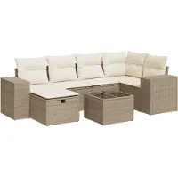 vidaXL 7-tlg. Garten-Sofagarnitur mit Kissen Beige Poly Rattan