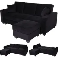 Mendler Sofa MCW-H47 mit Ottomane, Couch Sofa Gästebett, Schlaffunktion Stauraum 217x145cm Samt schwarz