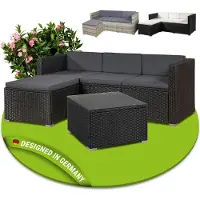 Juskys Polyrattan Lounge Punta Cana M schwarz – Gartenlounge Set 3-4 Personen – Sitzgruppe mit Sofa, Tisch & Hocker - Sitzbezüge Dunkelgrau
