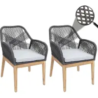 Mendler 2er-Set Gartenstuhl HWC-H56b, Sessel Outdoor, wetterfest Seilgeflecht Rope Holz Akazie dunkelgrau Kissen hellgrau