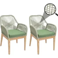 Mendler 2er-Set Gartenstuhl HWC-H56b, Sessel Outdoor, wetterfest Seilgeflecht Rope Holz Akazie grün Kissen grün