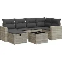 vidaXL 7-tlg. Garten-Sofagarnitur mit Kissen Hellgrau Poly Rattan