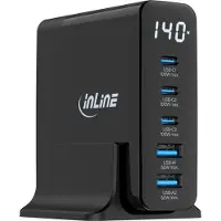 InLine USB PD Netzteil, GaN Ladegerät, 5-Port, USB-C + USB-A, 140W, mit Display, Drinnen, AC, 20 V, Schwarz