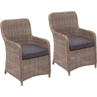 Mendler 2er-Set Poly-Rattan Stuhl MCW-E98, Rattanstuhl Gartenstuhl Korbsessel, Spun Poly halbrundes Rattan MVG beige Kissen grau