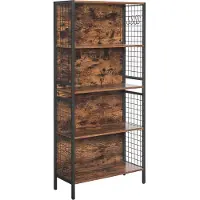 Vasagle Bücherregal, 5-stufiges Bücherbord, Regalsystem mit 4 Haken, 30 x 74 x 154 cm, für Büro, Arbeitszimmer, Wohnzimmer, Schlafzimmer, rustikales Braun und Tiefschwarz