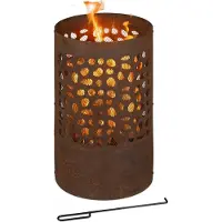 Relaxdays Feuertonne Rostoptik, Funkenschutz, Schürhaken & Feuerrost, Cortenstahl, HxD: 60 x 37 cm, Feuerkorb, braun