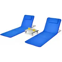 Costway 2 x Strandmatte mit Beistelltisch, Strandliege Matte 5 Stufen verstellbare Rückenlehne, Sonnenliege faltbar Liegestuhlset Gartenliege Liege (Blau)