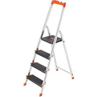 Songmics Leiter mit 4 Stufen, Aluleiter, mit Handlauf, Werkzeugschale