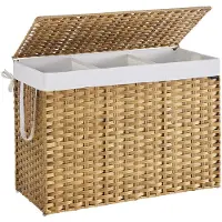 Songmics Wäschekorb aus synthetischem Rattan mit 3 Fächern naturfarben LCB320Y01