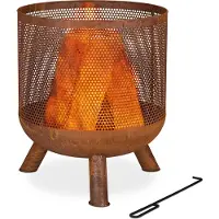 Relaxdays Feuerkorb, Mesh Design, Rostoptik, Feuerrost, Schürhaken, HxD: 53 x 44 cm, Garten Feuertonne, Stahl, braun