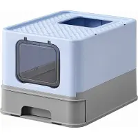Feandrea Katzenklo, Katzentoilette, mit Deckel, ausziehbares Tablett, Schaufel, Bürste, für Katzen bis 15 kg, weniger Spuren, auslaufsicherer Boden, blassblau-Taubengrau PPT001Q01