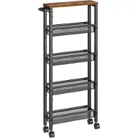 Vasagle Rollwagen 5 Ebenen, Küchenwagen schmal, Nischenregal auf Rollen, Stahl, Griff, für kleine Räume, 13 x 45,4 x 99,6 cm, Küche, Bad, Wohnzimmer, Arbeitszimmer, vintagebraun-schwarz LRC034B01