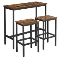 Vasagle Bar-Tisch mit Barhocker-Set, Esszimmer-Set, Bar-Tisch mit 2 Stühlen, Stahlrahmen, Industrie-Design, Vintage-Braun/Tintenschwarz