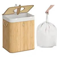 Songmics Pfandflaschen-Sammelbehälter 95 L, Bambus, mit Loch, Deckel, Innensack mit Griffen, naturbeige RRB060Y01