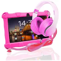 AngelTech Kinderpaket SLIM - Kindertablet + Kinderkopfhörer - Android 15 - 3+4GB RAM - 64+64 GB - Elterliche Kontrolle - 7 Zoll - Rosa