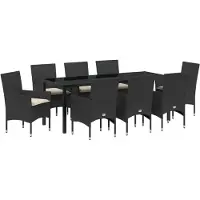 vidaXL Möbel 9-teiliges Garten Essgruppe mit Kissen aus schwarzem Poly-Rattan, Gartentisch schwarz 200x80x73 cm mit Sicherheitsglas - Gartenstühle 3379771
