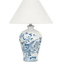 Beliani Tischlampe Blau und Weiß Porzellan Vasenform 55 cm Stoffschirm Kegelform Handbemalt Kabel mit Schalter Modern Schlaf- u. Wohnzimmer Beleuchtung