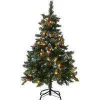 Beliani Weihnachtsbaum 120 cm Grün Kunststoff Metall mit Schnee bestreut inkl. LED Beleuchtung Metallständer mit Zapfen geschmückt Weihnachten