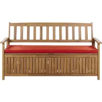 Beliani 3-Sitzer Gartenbank Hellbrun Akazienholz 160 cm mit Stauraum Auflage Rot Armlehnen Rückenlehne Latten-Optik Garten Terrasse Wintergarten