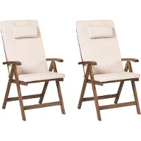 Beliani Gartenstuhl 2er Set Dunkelbraun und Hellbeige Akazienholz Verstellbar Klappbar mit Auflagen Armlehnen Lamellen-Optik Rustikal Außenbereich
