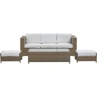Beliani Lounge Set Weiß Braun PE Rattan Kaffeetisch 2 Ottomane Auflagen Modern Outdoor
