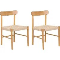 Beliani Esszimmerstühle 2er Set Braun und Beige Gummibaumholz Papierkordel Geflochtene Sitzfläche Modernes Design Boho Esszimmer Küchenstühle
