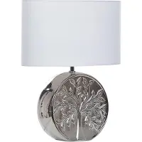 Beliani Tischlampe Silber 49 cm Keramiksockel Glänzend mit Baummotiv Kabel mit Schalter Lampenschirm in Weiß Schlafzimmer Wohnzimmer Glamourös