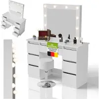 Juskys Schminktisch Talea und Hocker Tonia mit LED, 7 Schubladen & großem Spiegel – Weiß