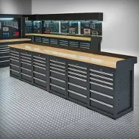 Datona Werkbank PRO – schwarz – 36 Schubladen – 400 cm – Eichenplatte