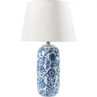 Beliani Tischlampe Blauer und weißer Porzellansockel Leinenschirm mit Blumenmuster verziert Wohnzimmer/Schlafzimmer Beleuchtung